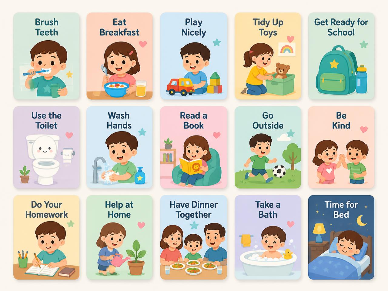 Galeria de exemplos de cartões de rotina infantil ilustrados