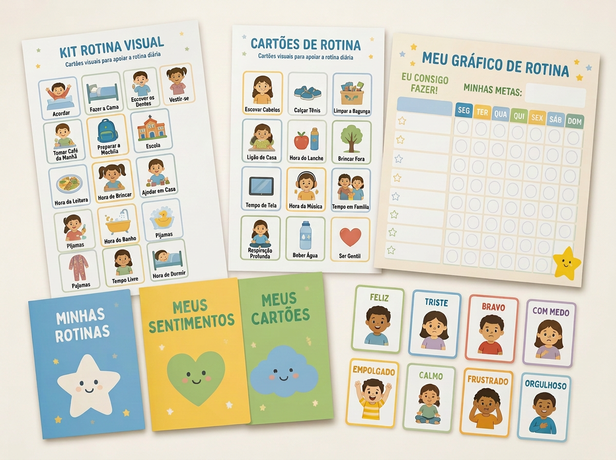 Mockup do Kit Rotina Visual com cartões, quadro de rotina, atividades e pastas